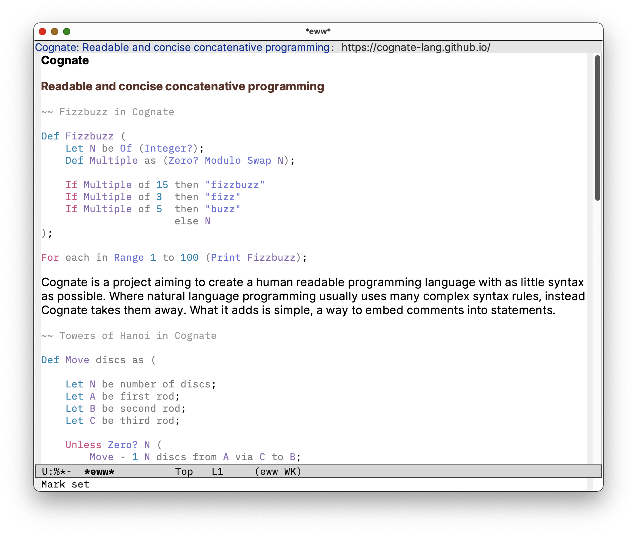 Screenshot of a page in EWW with code syntax highlighting