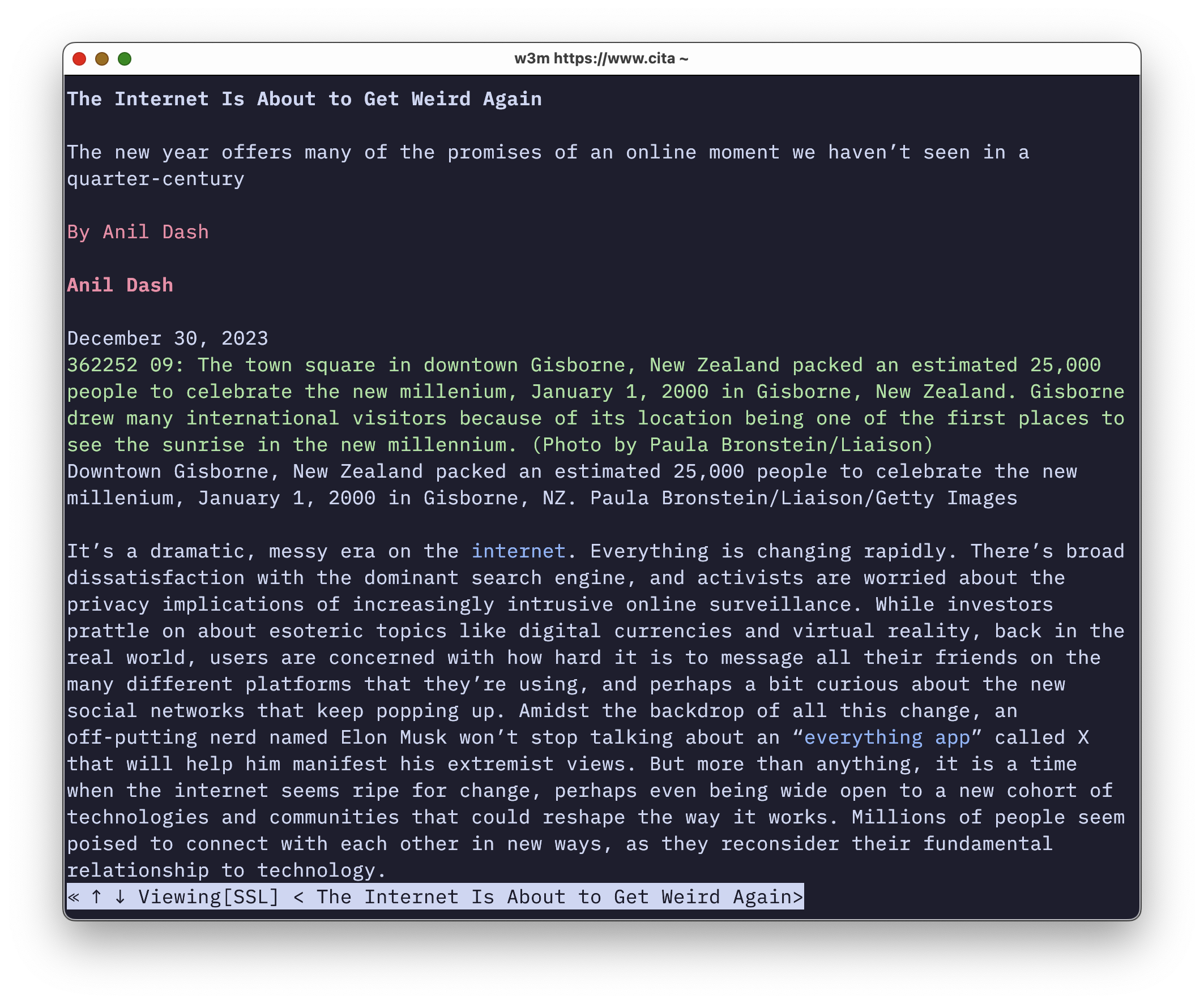 Screenshot of an article in w3m